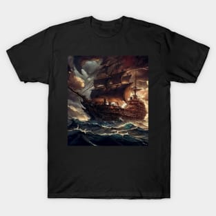 Galleon ship at sea during storm T-Shirt